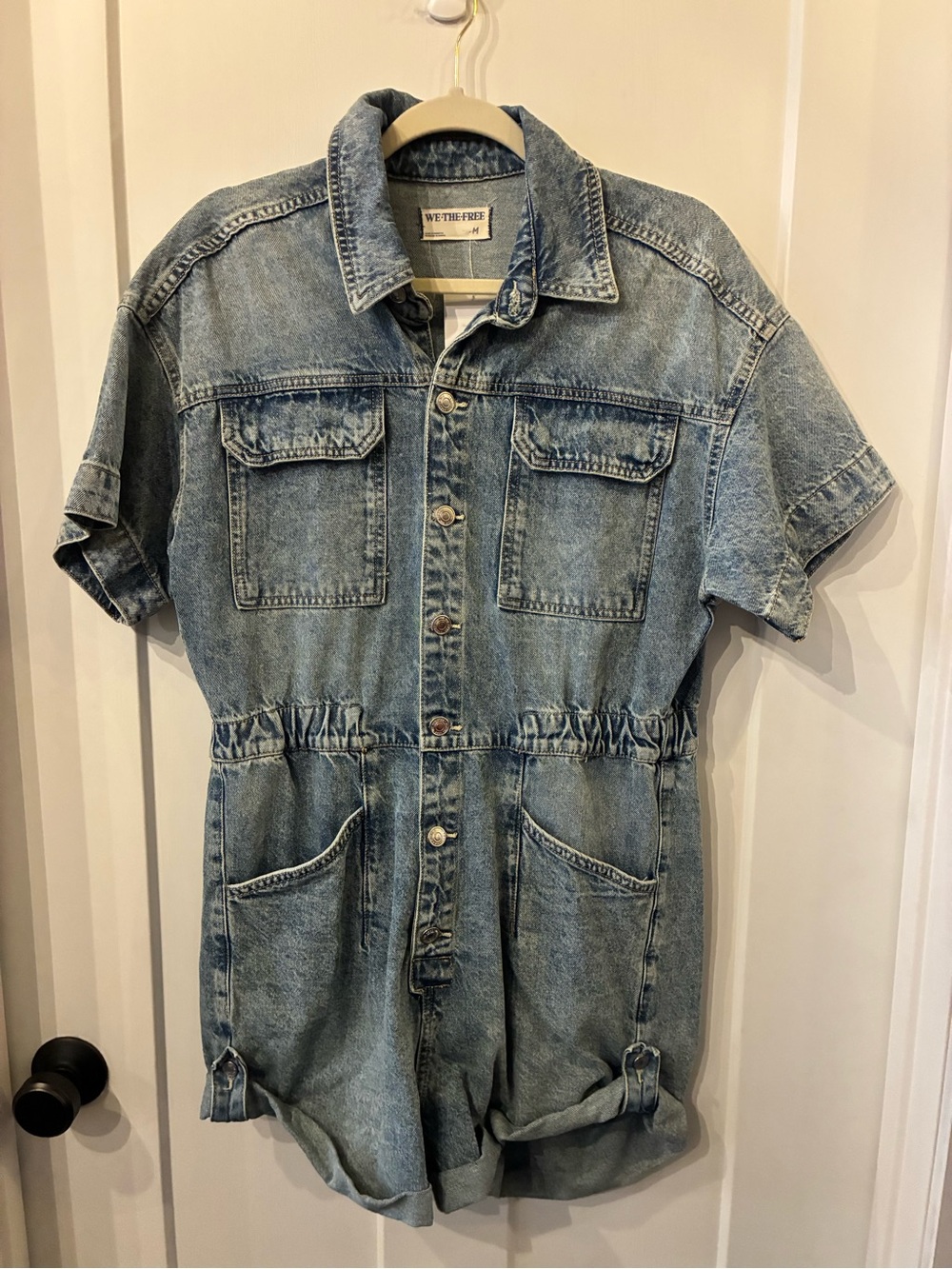 We The Free Light Blue Denim Short-Sleeve Jumpsuit Romper